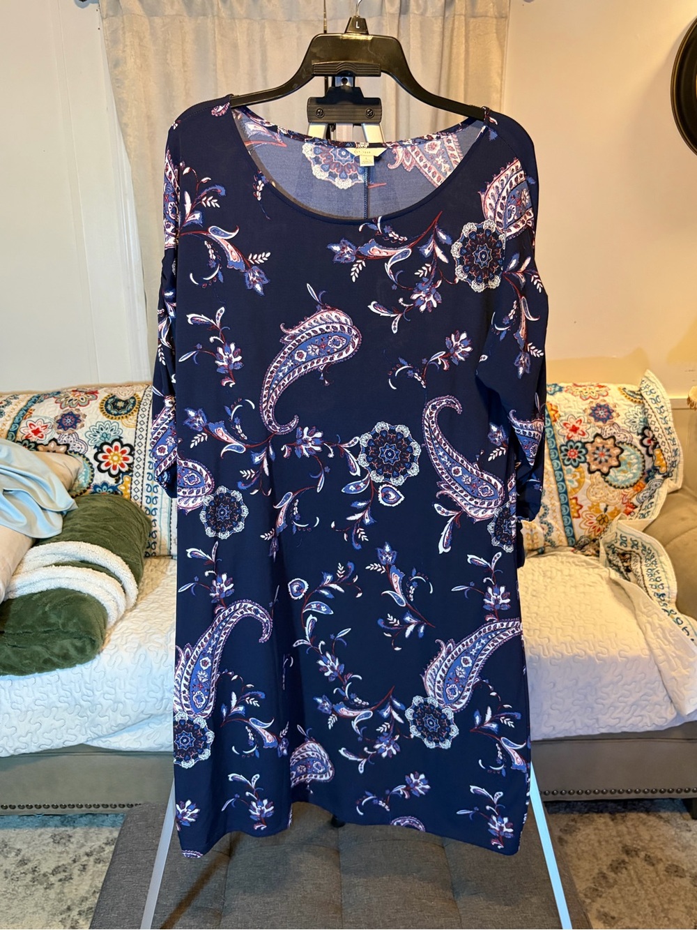 Navy Paisley Floral Scoop Neck Women’s Dress